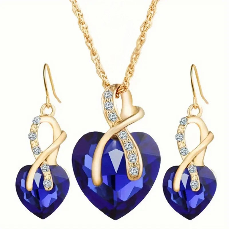 Gold Saphir Herz Halskette and Ohrringe Set