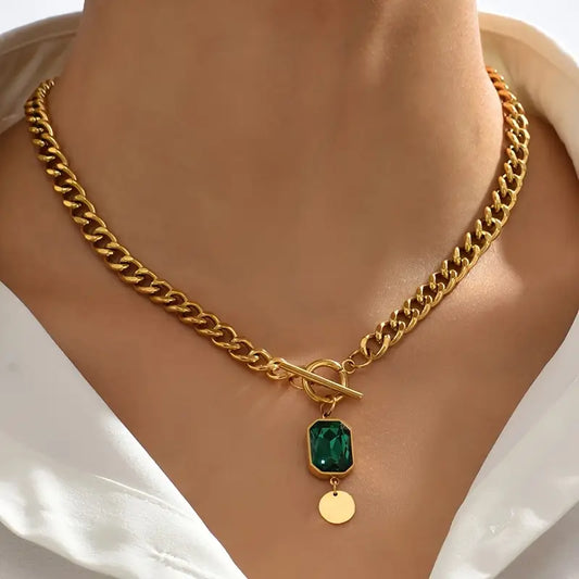 Chunky Chain Smaragd Pendant Halskette | Gold