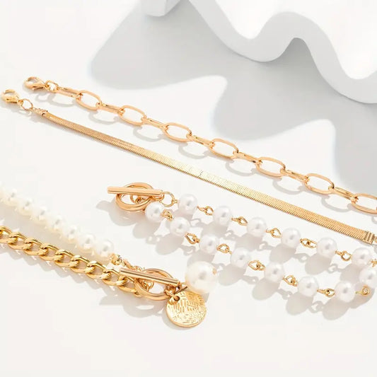 Chic Gold 4-Piece Armband-Set - Snake, Perlen & Links | Gold