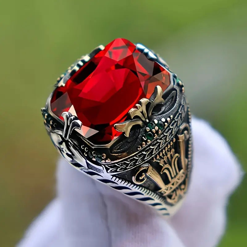 Silber Rubin Ornate Signet Ring