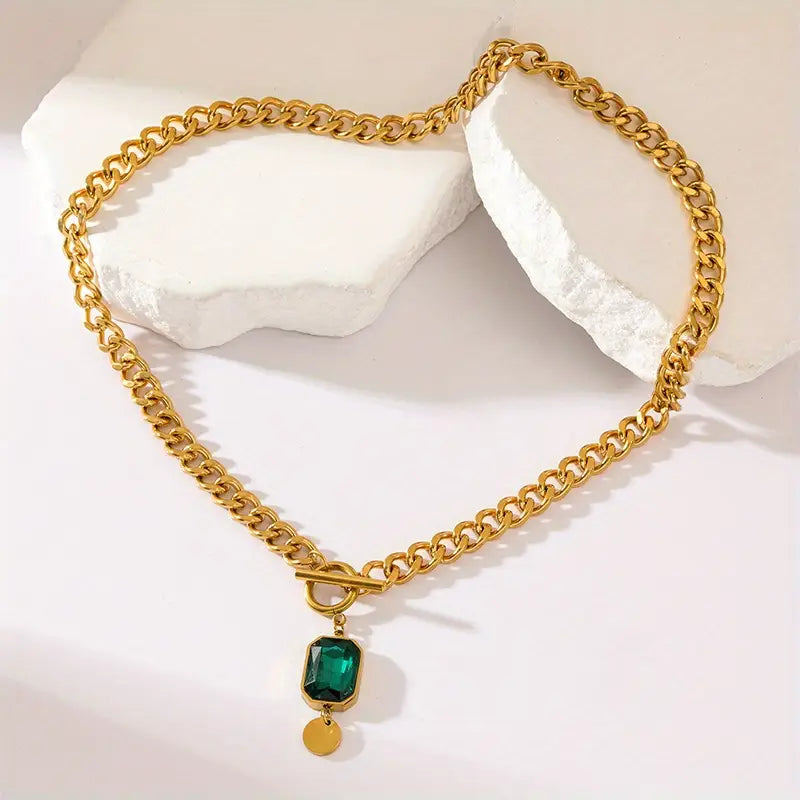 Chunky Chain Smaragd Pendant Halskette | Gold