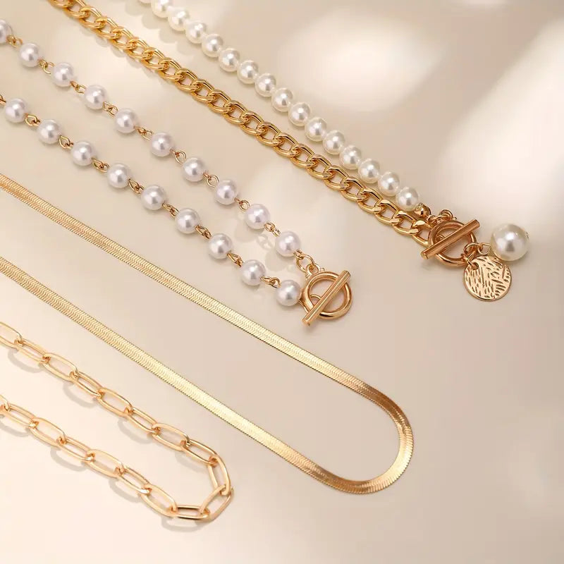 Vintage Perle & Gold Snake Chain Halsketten-Set | Gold