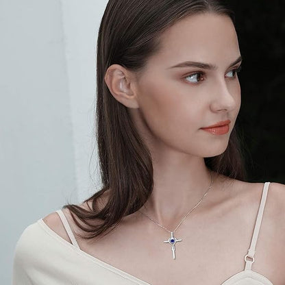 Saphir Herz Stein Cross Halskette | Weiß Gold