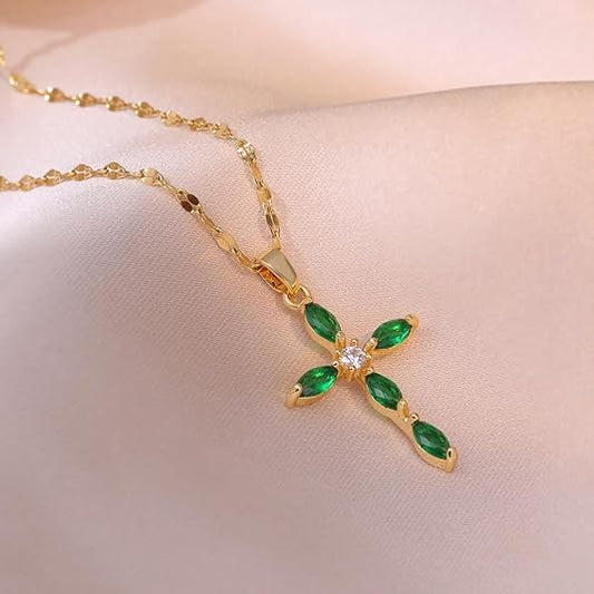 Gold Smaragd Marquise Cross Halskette