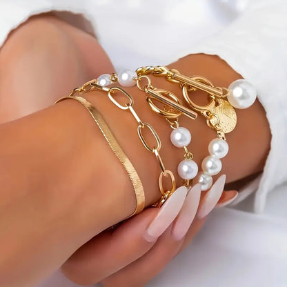 Chic Gold 4-Piece Armband-Set - Snake, Perlen & Links | Gold