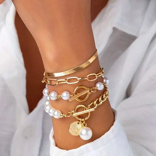 Chic Gold 4-Piece Armband-Set - Snake, Perlen & Links | Gold