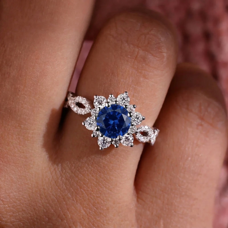 Kristall Saphir Flower Ring | Weiß Gold
