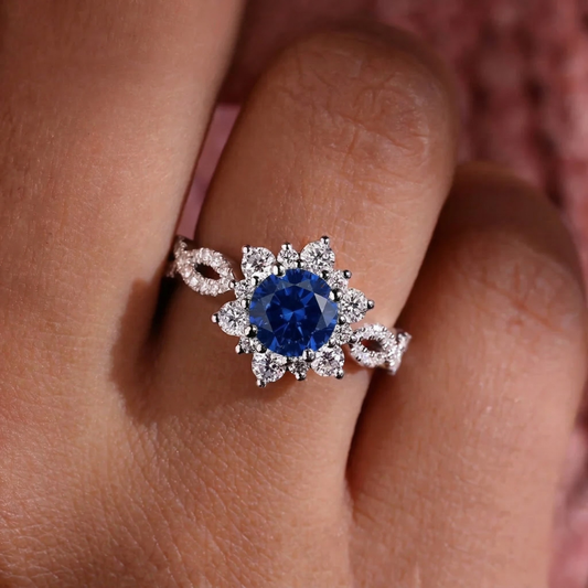 Kristall Saphir Flower Ring | Weiß Gold