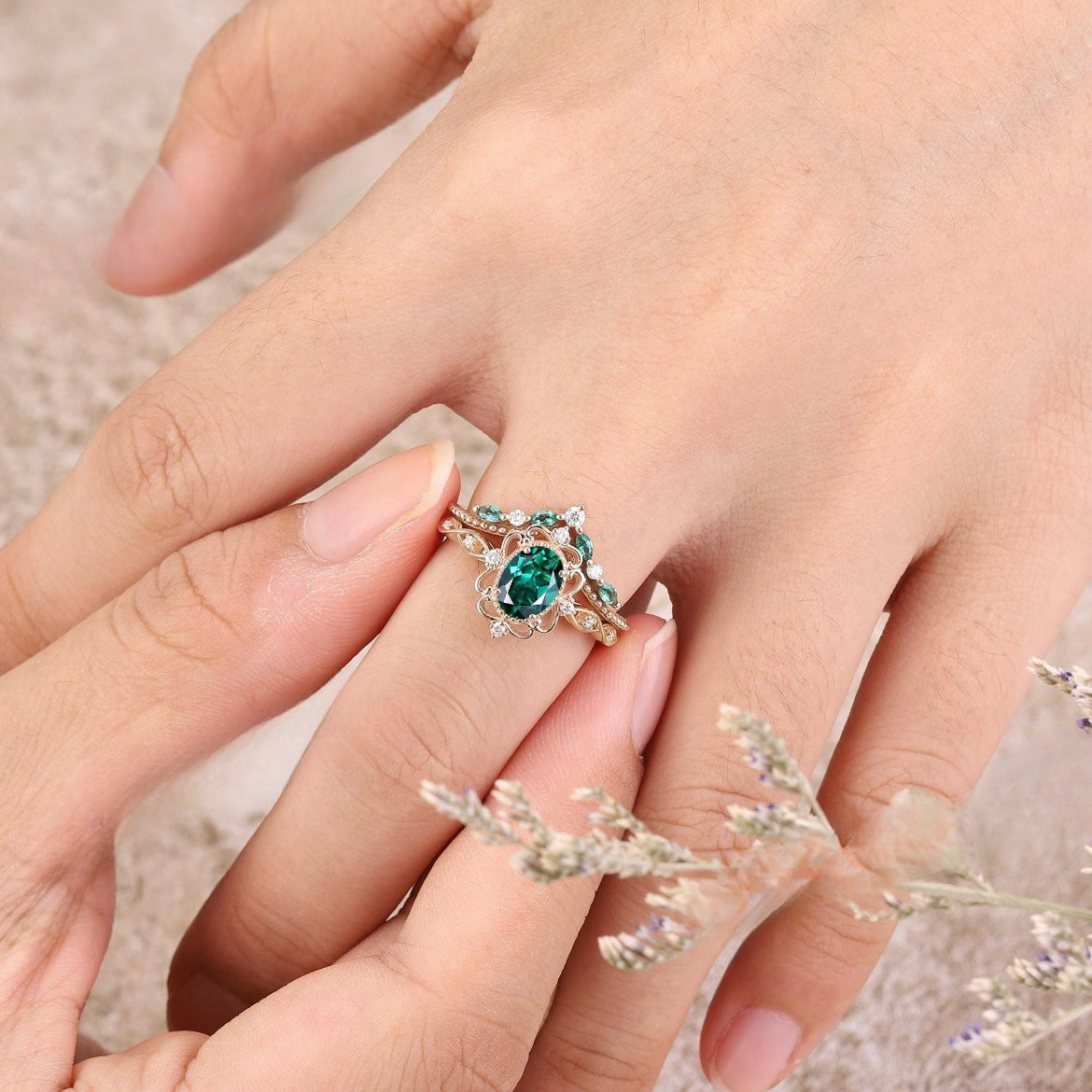 Aurelle Smaragd Crown Ring-Set | Rose Gold