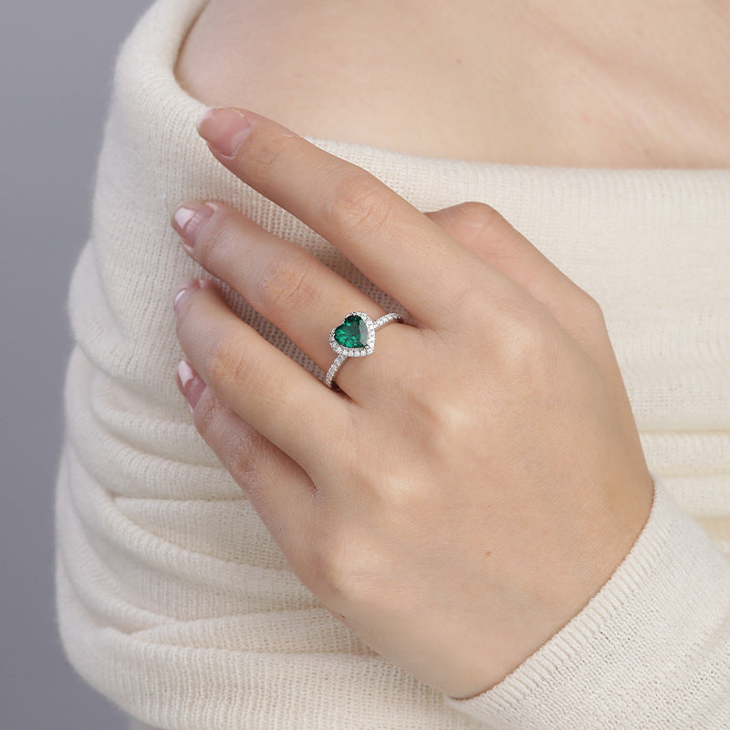 Silber Smaragd Herz Halo Ring