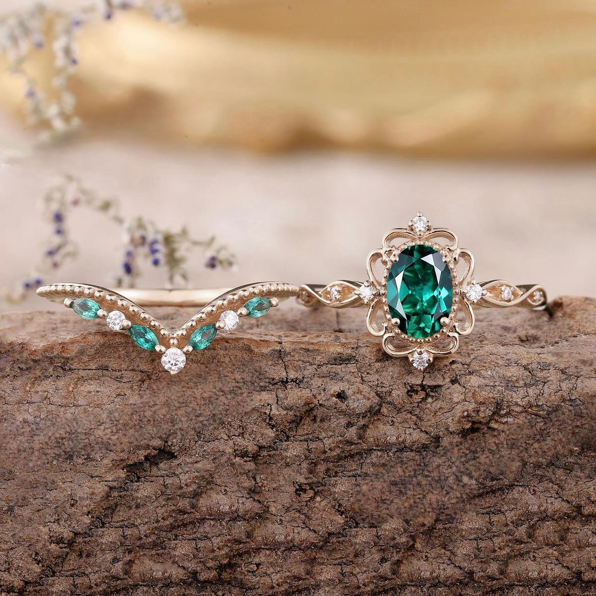 Aurelle Smaragd Crown Ring-Set | Rose Gold