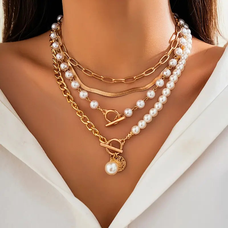 Vintage Perle & Gold Snake Chain Halsketten-Set | Gold