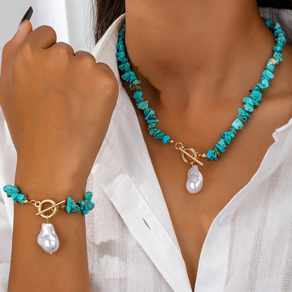 Türkis & Perlenhalskette Armband-Set