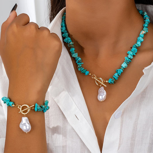 Türkis & Perlenhalskette Armband-Set