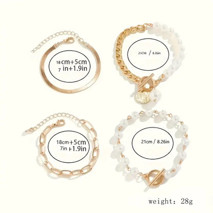 Chic Gold 4-Piece Armband-Set - Snake, Perlen & Links | Gold