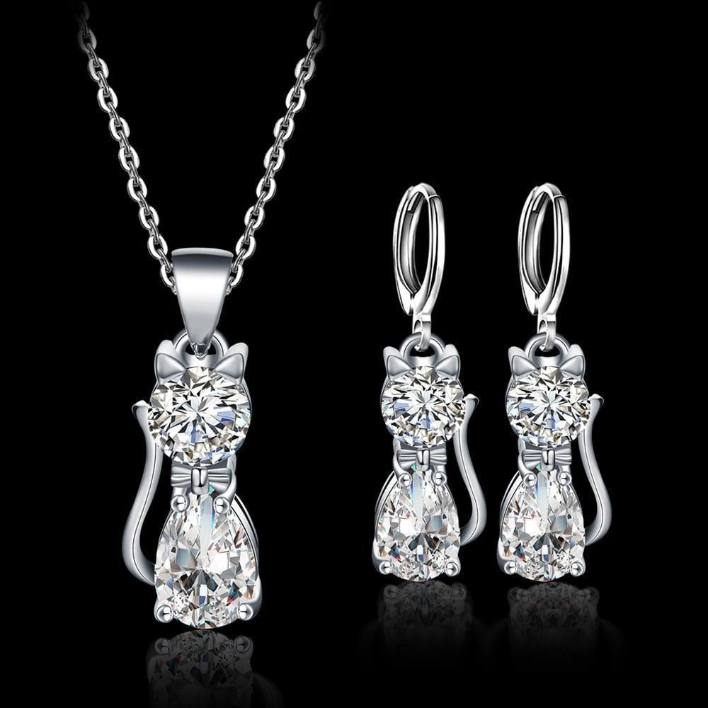 Set Halskette + Ohrringe Happy Cats in Sterling Silber and Polished Weiß Zirconium