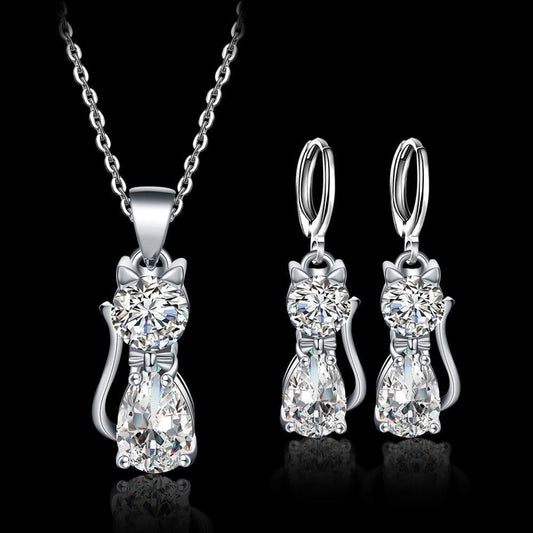Set Halskette + Ohrringe Happy Cats in Sterling Silber and Polished Weiß Zirconium